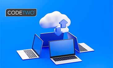 Digital illustration showing devices exchanging data with a central cloud server, highlighting CodeTwo’s cloud computing solutions for scalable, secure, and flexible IT services.